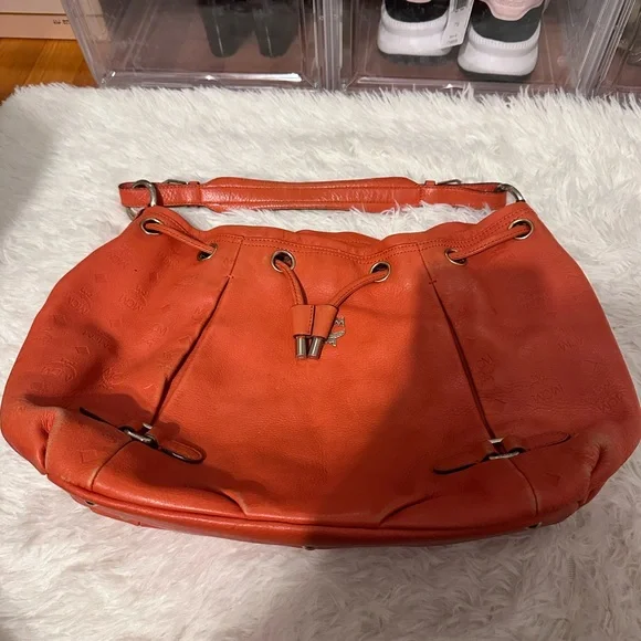 MCM Orange Leather Hobo Bag with Gold Details - Picture 16 of 16